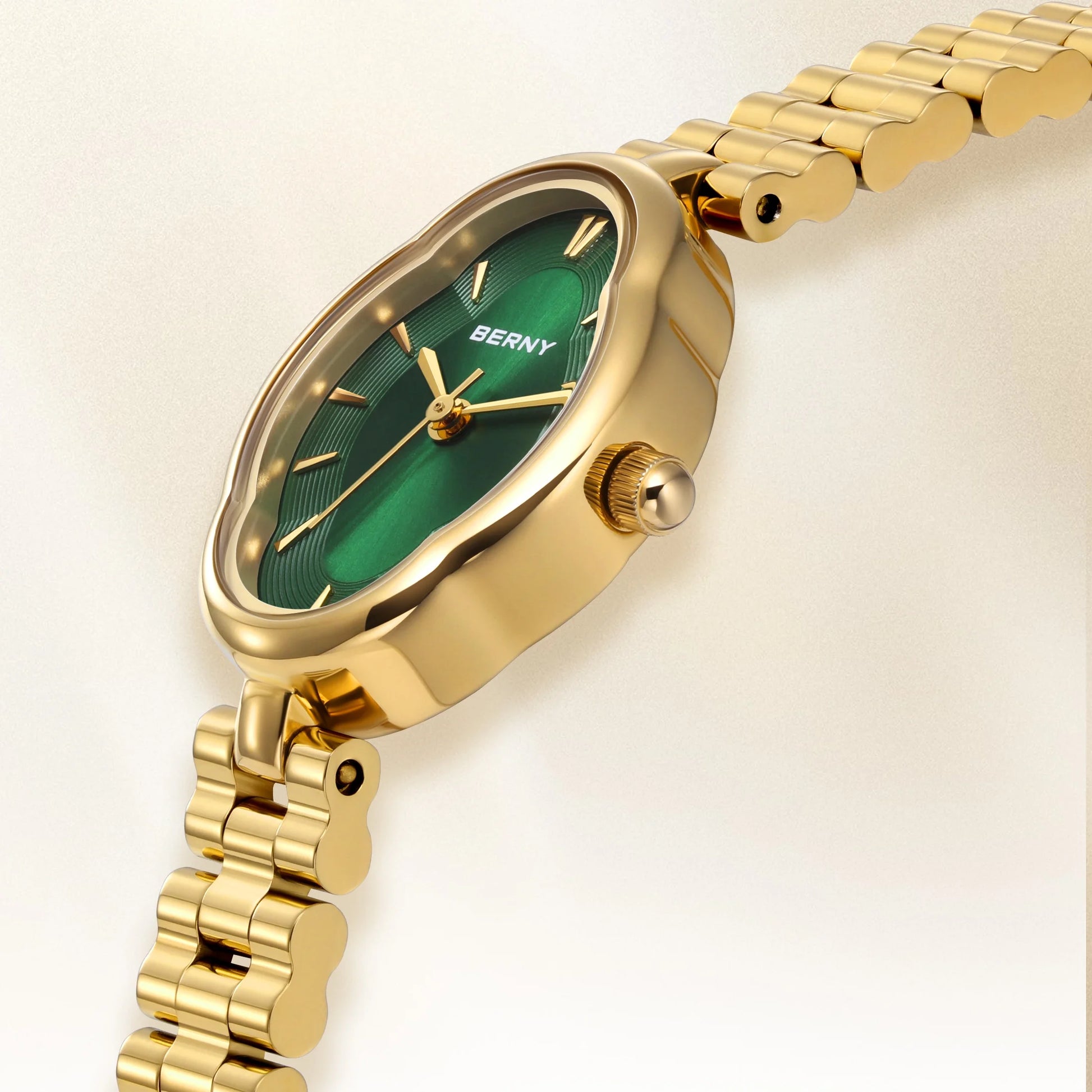 Small Gold Watches for Women, Dainty Luxury Irregular Oval Dial, Stainless Steel Bracelet Watch, Adjustment Tool Included, Waterproof, Minimalist Ladies Analog Quartz Wrist Watch (Green)