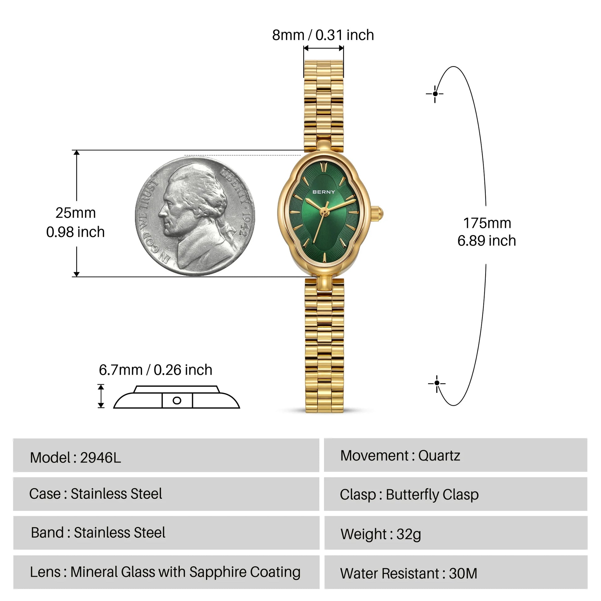 Small Gold Watches for Women, Dainty Luxury Irregular Oval Dial, Stainless Steel Bracelet Watch, Adjustment Tool Included, Waterproof, Minimalist Ladies Analog Quartz Wrist Watch (Green)