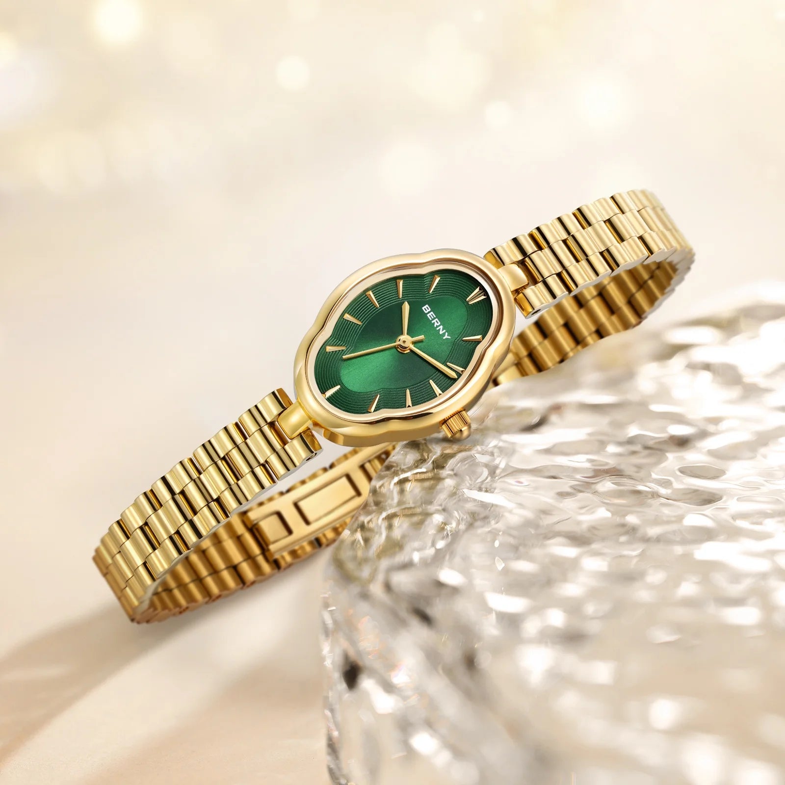 Small Gold Watches for Women, Dainty Luxury Irregular Oval Dial, Stainless Steel Bracelet Watch, Adjustment Tool Included, Waterproof, Minimalist Ladies Analog Quartz Wrist Watch (Green)