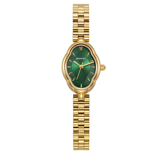 Small Gold Watches for Women, Dainty Luxury Irregular Oval Dial, Stainless Steel Bracelet Watch, Adjustment Tool Included, Waterproof, Minimalist Ladies Analog Quartz Wrist Watch (Green)