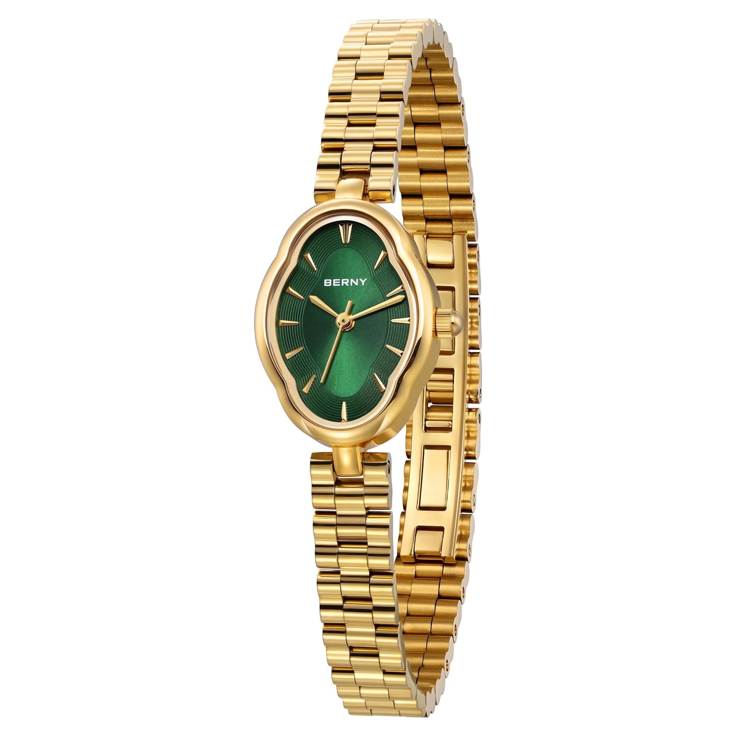 Small Gold Watches for Women, Dainty Luxury Irregular Oval Dial, Stainless Steel Bracelet Watch, Adjustment Tool Included, Waterproof, Minimalist Ladies Analog Quartz Wrist Watch (Green)